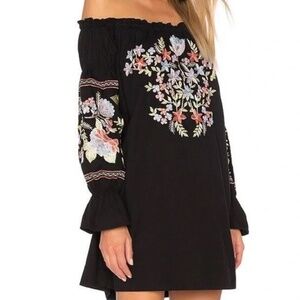 Free People Fleur Du Jour Off-The-Shoulder Black Floral Embroidered Dress XS